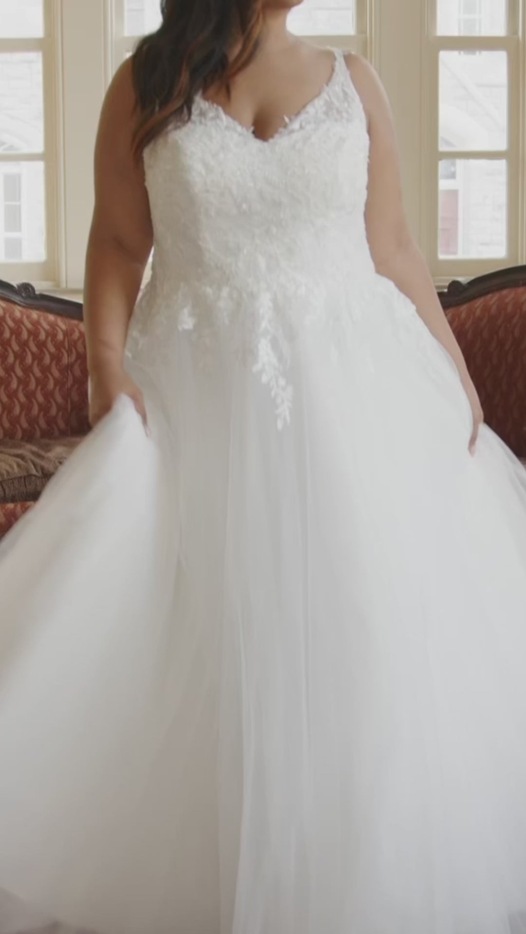 Michelle Bridal MB2404 Rosewater. A-line silhouette, Soft bridal tulle with underlayer of glitter tulle, Floral leaf appliques with ivory and clear sequins, scattered pearls, Satin lining, V-Neckline, Boned bodice with sweetheart lining, Scoop back with optional lining available