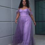 Sydney's Closet plus size SC7411 picnic style formal dress. Avialable in lilac purple, sage green, or ice blue with detachable drape sleeves, exposed corset boning and pockets. Full A-line skirt with tiered gather near the hem. 