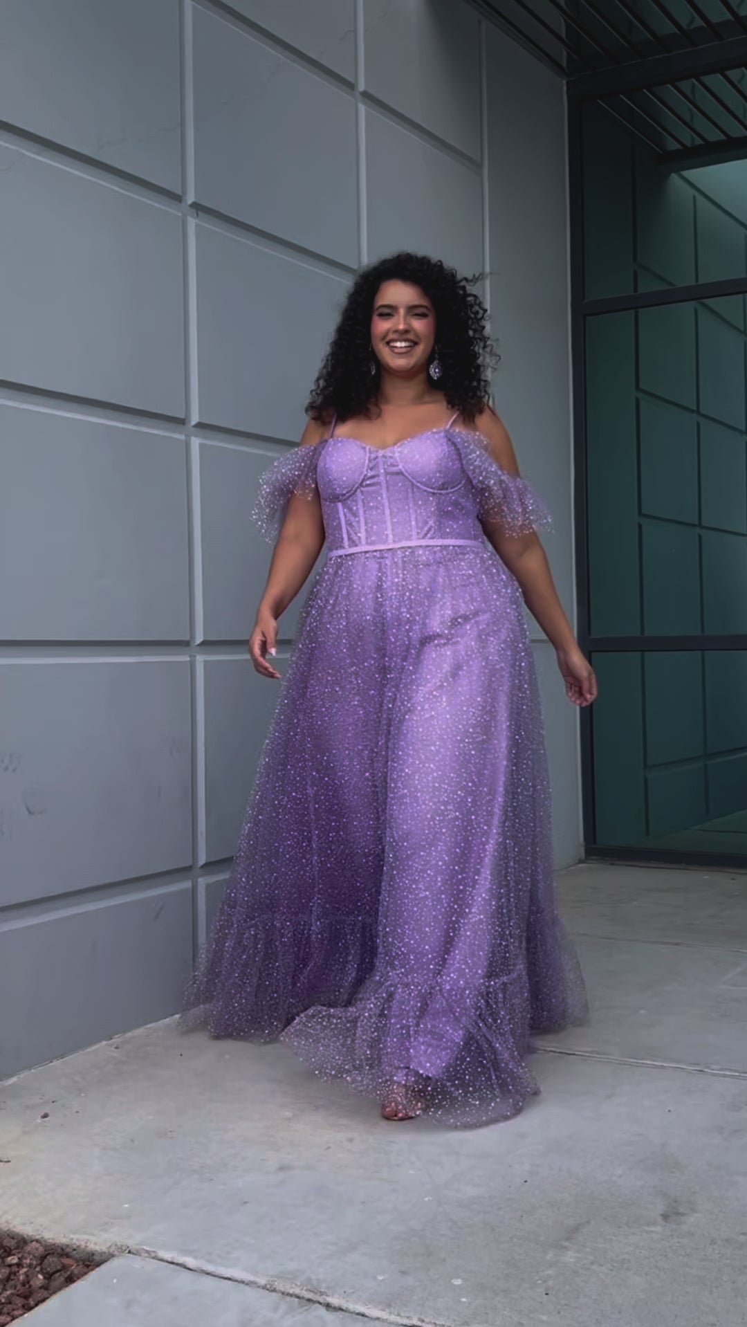 Sydney's Closet plus size SC7411 picnic style formal dress. Avialable in lilac purple, sage green, or ice blue with detachable drape sleeves, exposed corset boning and pockets. Full A-line skirt with tiered gather near the hem. 
