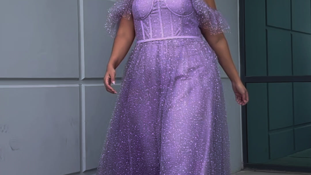 Sydney's Closet plus size SC7411 picnic style formal dress. Avialable in lilac purple, sage green, or ice blue with detachable drape sleeves, exposed corset boning and pockets. Full A-line skirt with tiered gather near the hem. 
