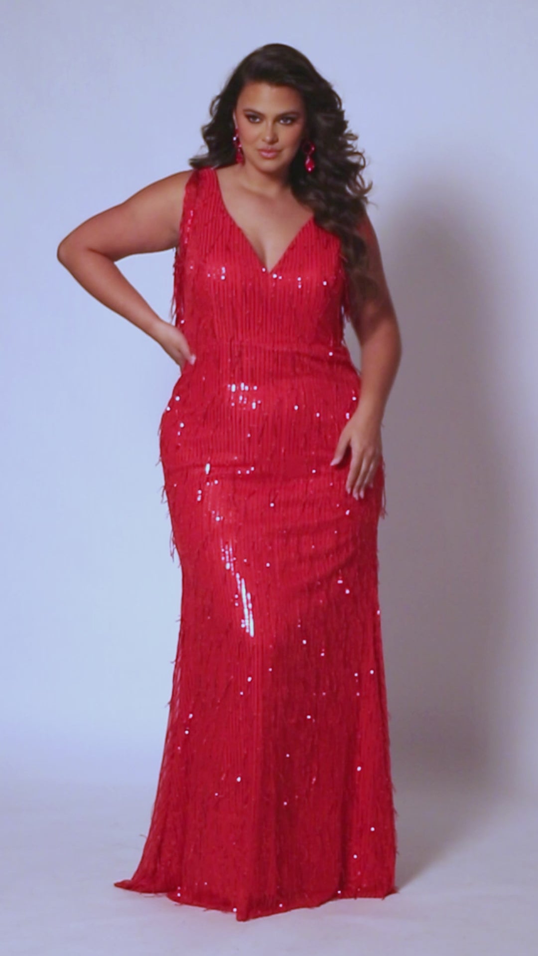 Sydney's Closet SC7393 Red, Navy, Black. Bra friendly straps, v-neckline, natural waistline, fringe all over, center back zipper.