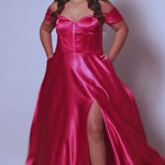 Tease Prom TE2424, off the shoulder, sweetheart neckline, a-line skirt, satin with exposed boning on bodice, slit. 
