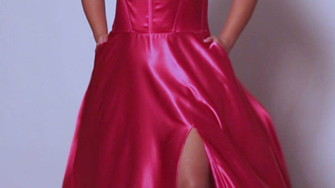 Tease Prom TE2424, off the shoulder, sweetheart neckline, a-line skirt, satin with exposed boning on bodice, slit. 