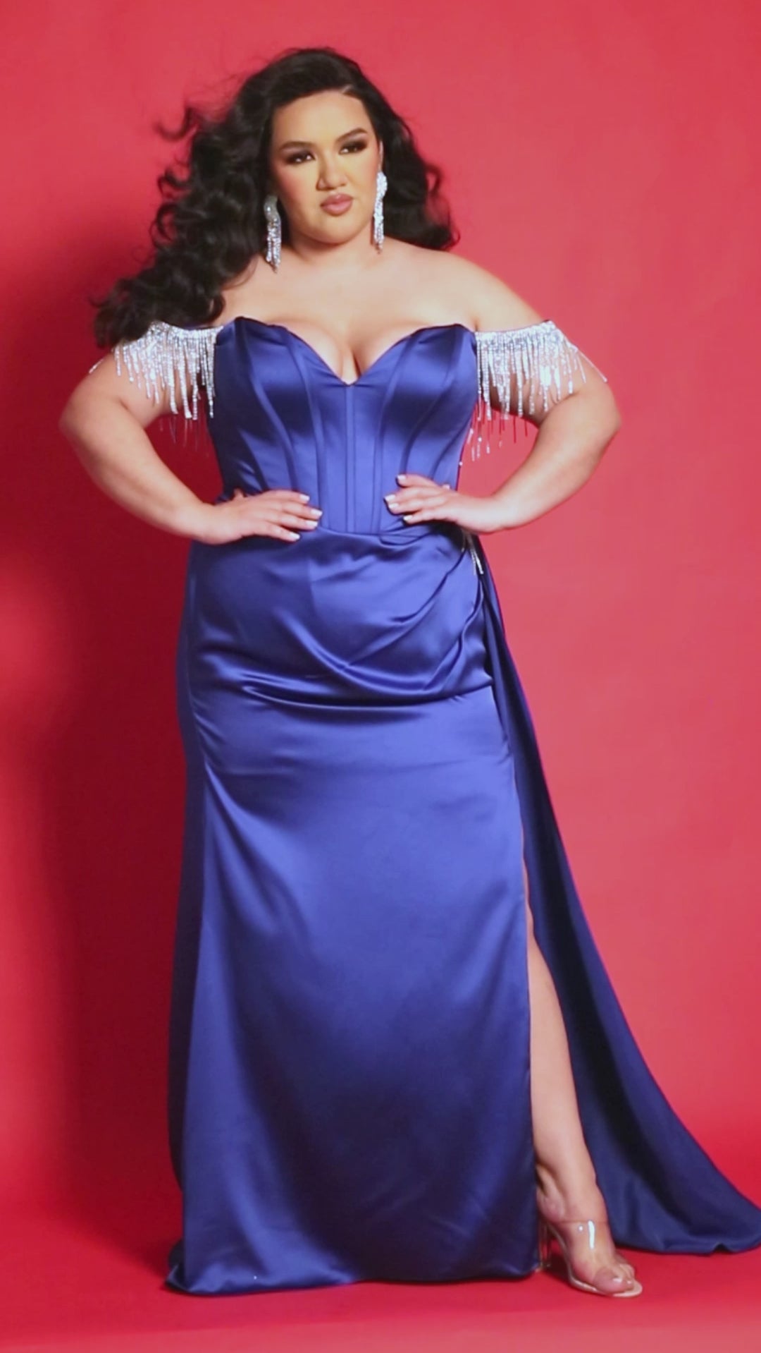 Johnathan Kayne for Sydney's Closet JK2408 Tangerine, Cobalt, Sunflower. Slim/Fitted silhouette, Stretch satin, Satin lining, Rhinestone beaded trim, detachable straps, Sweetheart bodice, Exposed boning, Modified Basque waist, Invisible zipper, Side slit with rhinestone trim, Drape panel with 12 inch train, Sweep train = 8 inches