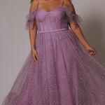 Sydney's Closet plus size SC7411 picnic style formal dress. Avialable in lilac purple, sage green, or ice blue with detachable drape sleeves, exposed corset boning and pockets. Full A-line skirt with tiered gather near the hem. 