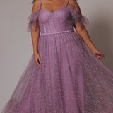 Sydney's Closet plus size SC7411 picnic style formal dress. Avialable in lilac purple, sage green, or ice blue with detachable drape sleeves, exposed corset boning and pockets. Full A-line skirt with tiered gather near the hem. 