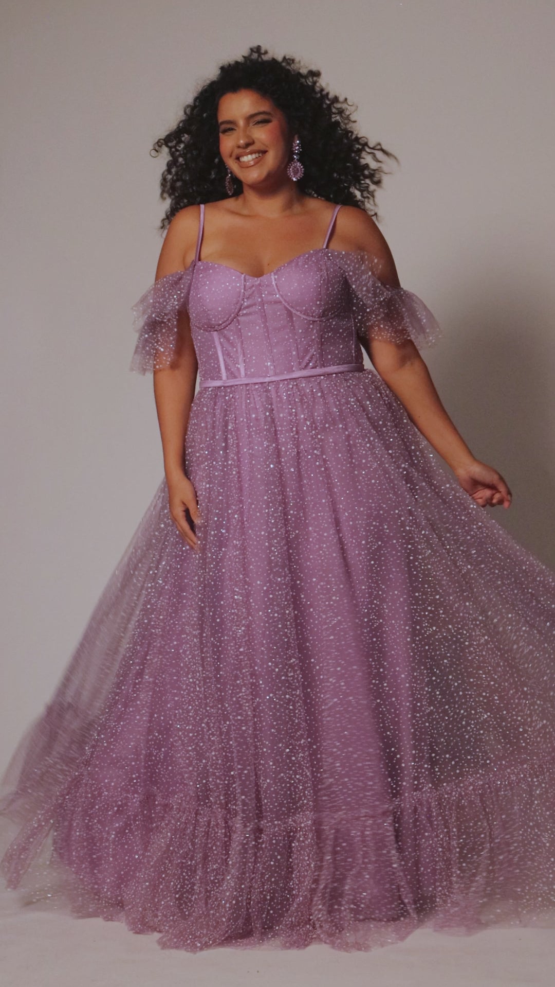 Sydney's Closet plus size SC7411 picnic style formal dress. Avialable in lilac purple, sage green, or ice blue with detachable drape sleeves, exposed corset boning and pockets. Full A-line skirt with tiered gather near the hem. 