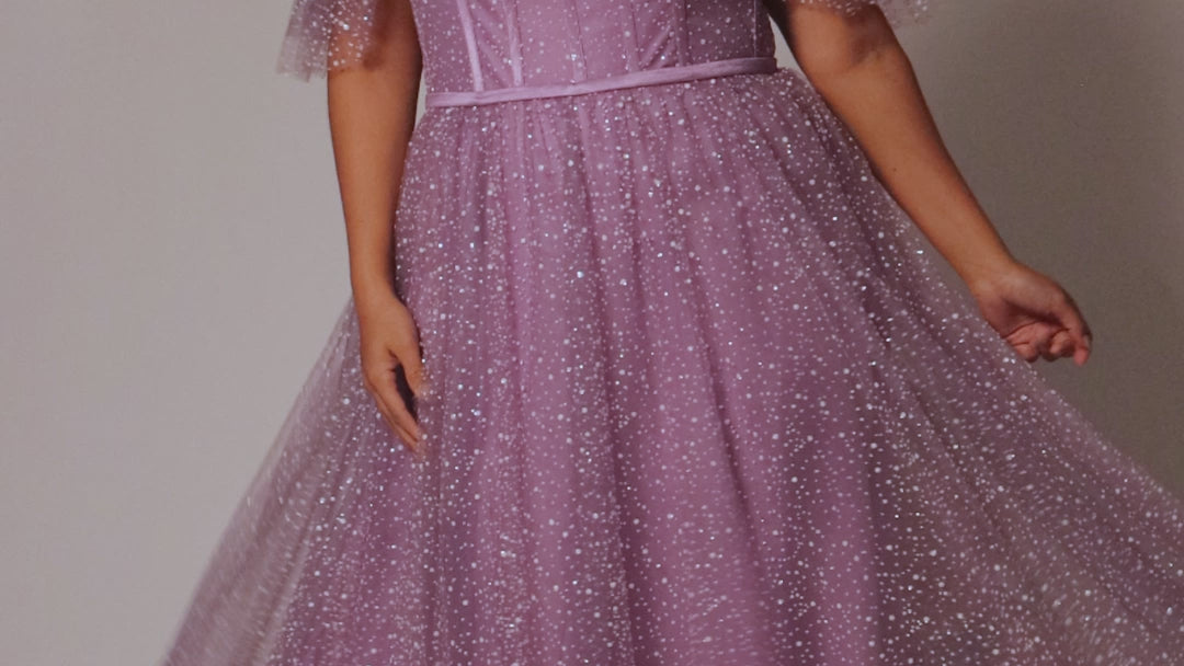Sydney's Closet plus size SC7411 picnic style formal dress. Avialable in lilac purple, sage green, or ice blue with detachable drape sleeves, exposed corset boning and pockets. Full A-line skirt with tiered gather near the hem. 