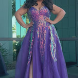 Tease Prom TE2302 purple, Plus Size A-line dress with cascading sequins over tulle, slit, pockets, V-neck, and spaghetti  straps