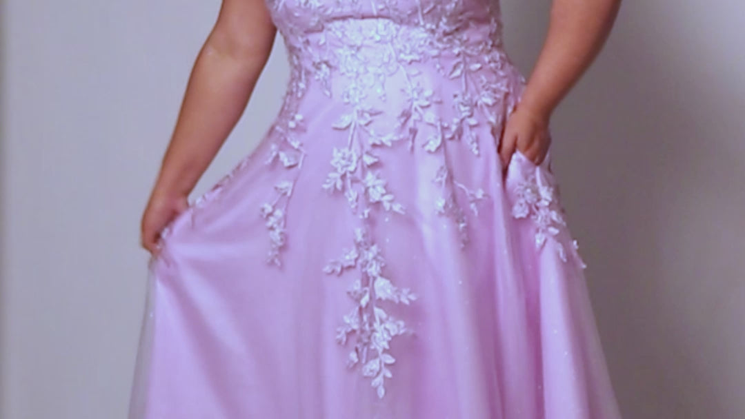 Tease Prom TE2423 Lilac, Bluejay. A-line silhouette, Embroidered lace floral appliques with silver hot fix stones on sparkle iridescent tulle, Straps covered in lace, V-neckline, V-back, Long invisible center back zipper, Natural waistline, A-line skirt, Pockets.