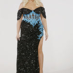 Plus size fitted black sequin velvet mermaid gown with lave appliques in either pink or white.  Detachable drape sleeves, optional bodice lining and high slit. JK2511 is available in aqua and black, pink and black or white and black Johanthan Kayne for Sydney's Closet. 