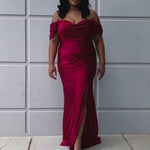 Sexy plus size fitted stretch satin formal evening dress with hot fix stones on top of sweetheart leated bodice, detachable drape sleeves, exposed corset boning, ruched fitted skirt with slit and lace-up back. SC7416 in burgundy red or navy blue by Sydney's Closet.