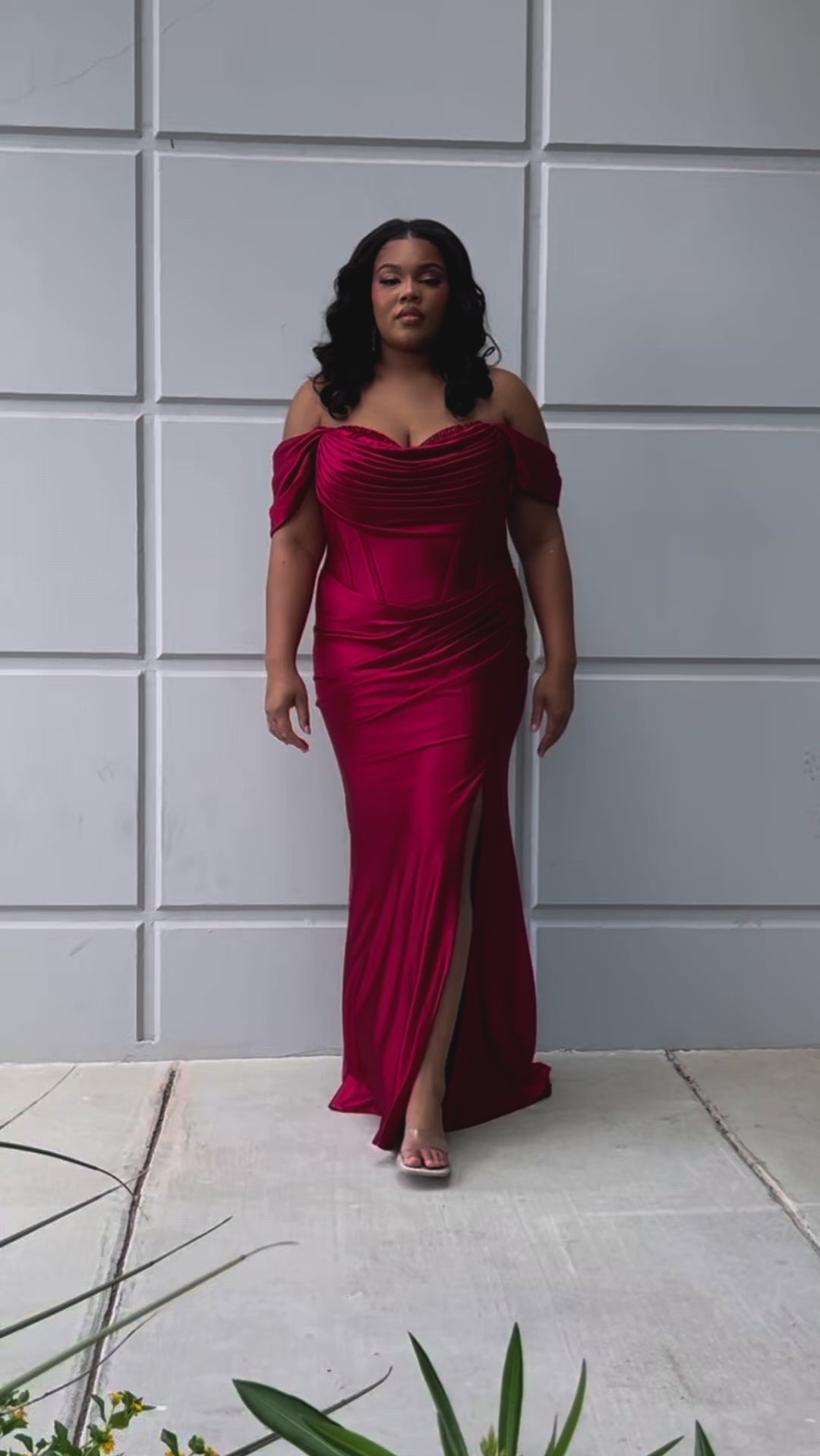Sexy plus size fitted stretch satin formal evening dress with hot fix stones on top of sweetheart leated bodice, detachable drape sleeves, exposed corset boning, ruched fitted skirt with slit and lace-up back. SC7416 in burgundy red or navy blue by Sydney's Closet.