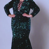 Johnathan Kayne for Sydney's Closet JK2421 Peacock, Unicorn, Kaleidoscope. Stretch velvet sequins, Deep V-neckline, Lace up front with velvet loops and ties, Long sleeves, Zipper at wrist High back, Long invisible center back zipper, Natural waistline, Slim/fitted skirt,  Train with center back godet, Horsehair hem.