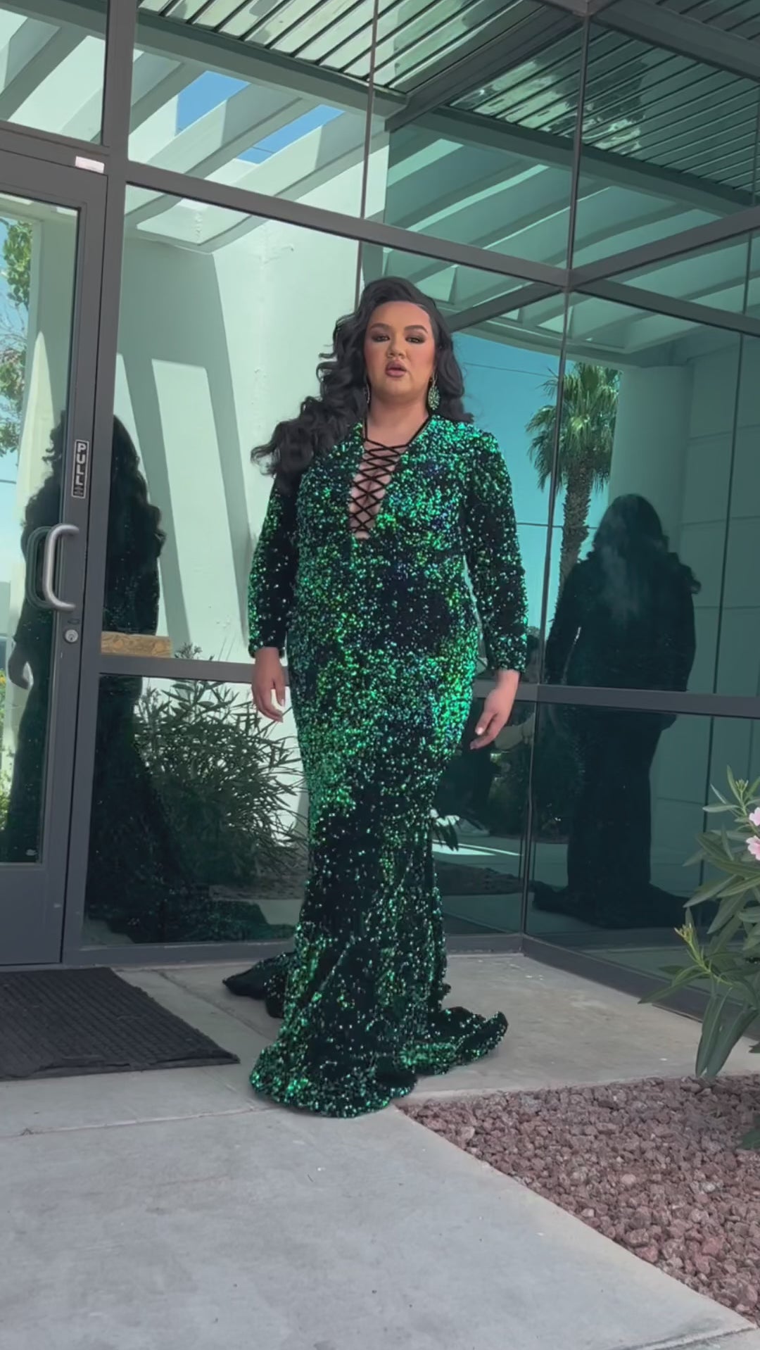 Johnathan Kayne for Sydney's Closet JK2421 Peacock, Unicorn, Kaleidoscope. Stretch velvet sequins, Deep V-neckline, Lace up front with velvet loops and ties, Long sleeves, Zipper at wrist High back, Long invisible center back zipper, Natural waistline, Slim/fitted skirt,  Train with center back godet, Horsehair hem.