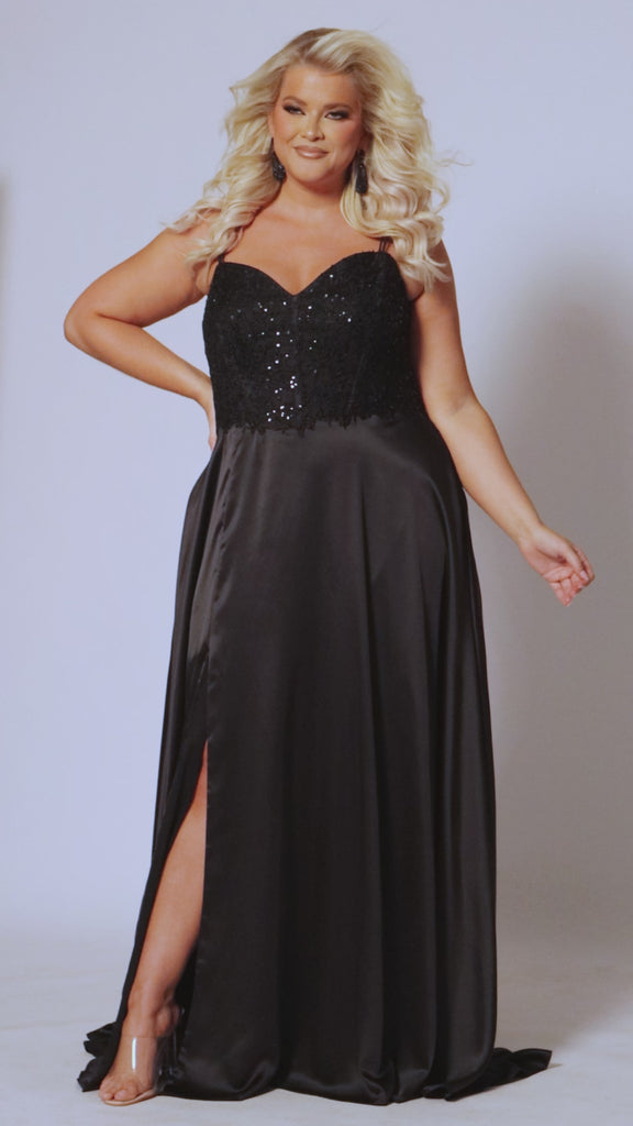 Best selling Tease Prom TE2437 plus size, A-line prom dress with double spaghetti straps, V-neckline, lace bodice and satin skirt with pockets and slit. Available in purple, blue, black, red, or green. 