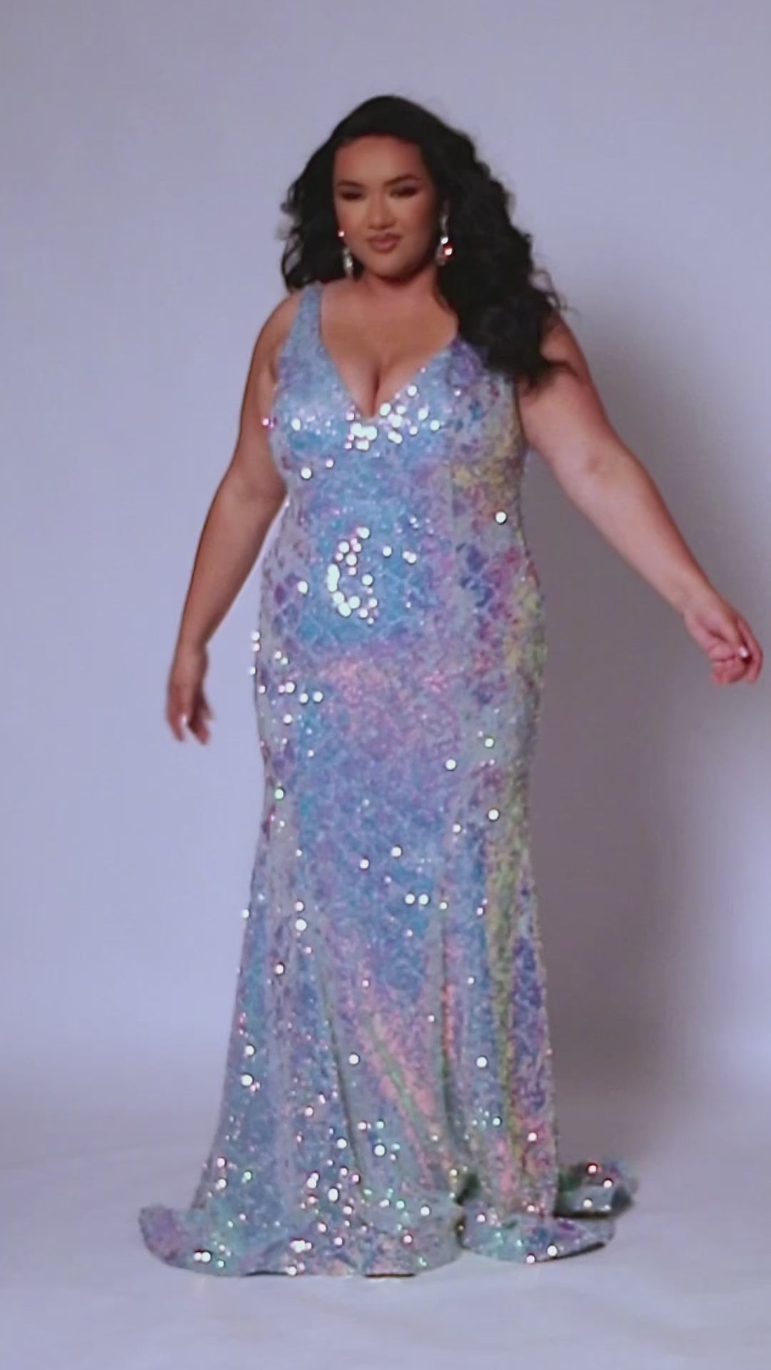 Tease Prom TE2432 Aqua. Princess silhouette, Diamond patterned iridescent sequins, Bra-friendly straps, V-neckline, Deep V-back, Long invisible center back zipper, Slim, fitted skirt, Horsehair hem, Sweep train.