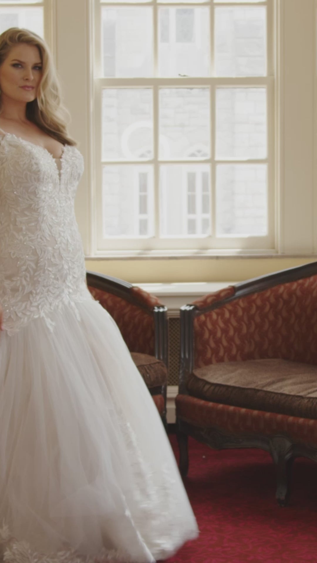 Michelle Bridal MB2416 Champagne. Embroidered lace appliques on tulle, Soft bridal tulle, Light satin lining, Light lining, Clear sequins, cut glass, bugle beads, white square stones, white circle stones, Fitted/Mermaid silhouette,, Invisible center back zipper, Detachable drape sleeves covered in appliques, beaded spaghetti straps. 