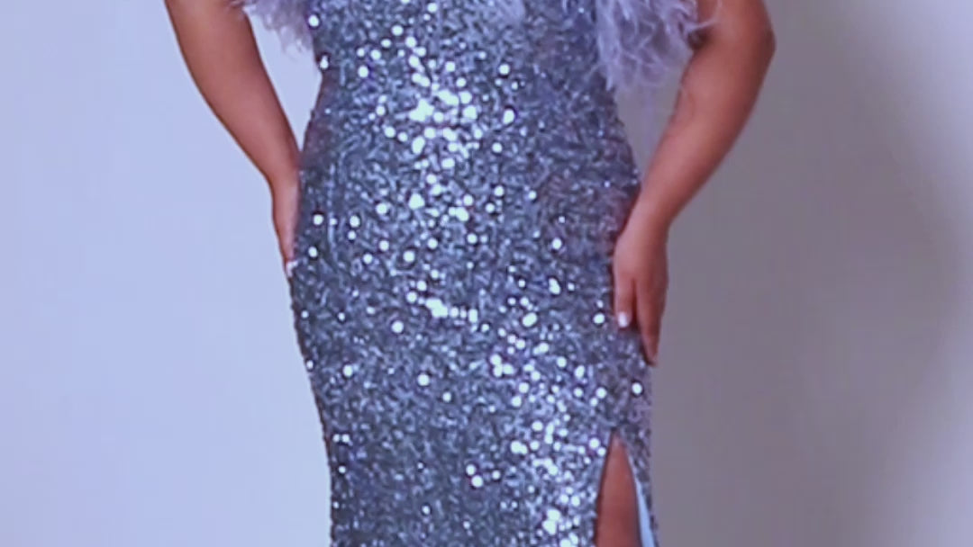 Tease Prom TE2418 Blue. Stretch sequin on net, Stretch knit lining, Straight neckline with ostrich feathers, Strapless, Natural waistline, Long invisible center back zipper, Slim skirt with a slit, Sweep train.