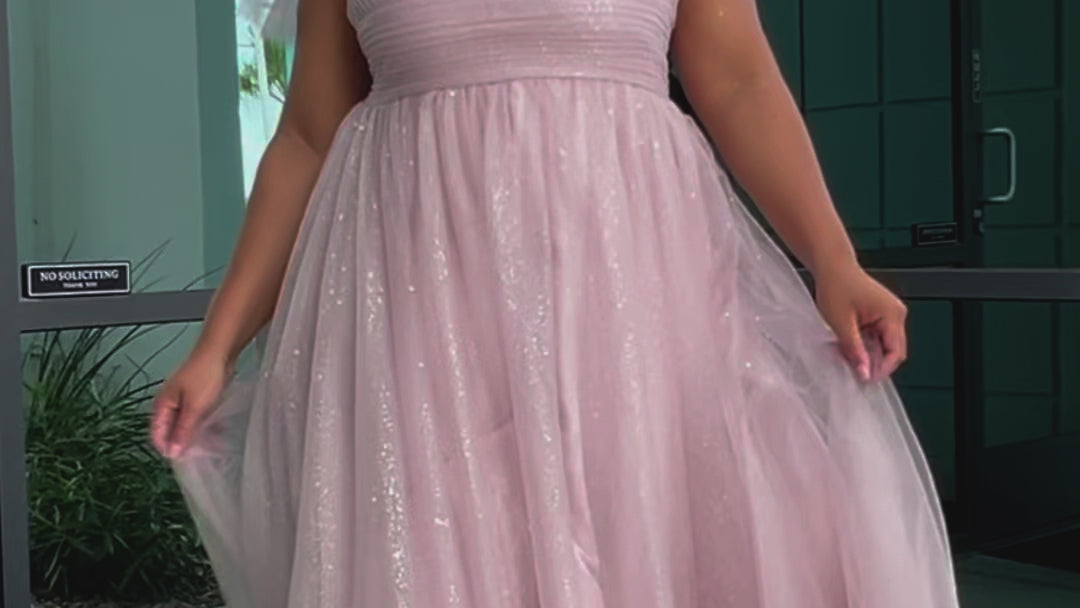 Plus Size princess A-line prom dress with bra-friendly straps, pleated bodice, pleated waistband and full A-line skirt with train. Detachable bows on shoulder. SC7417 in ice blue, mauve or sage green from Sydney's Closet.