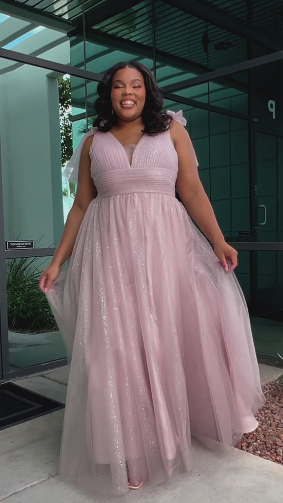 Plus Size princess A-line prom dress with bra-friendly straps, pleated bodice, pleated waistband and full A-line skirt with train. Detachable bows on shoulder. SC7417 in ice blue, mauve or sage green from Sydney's Closet.