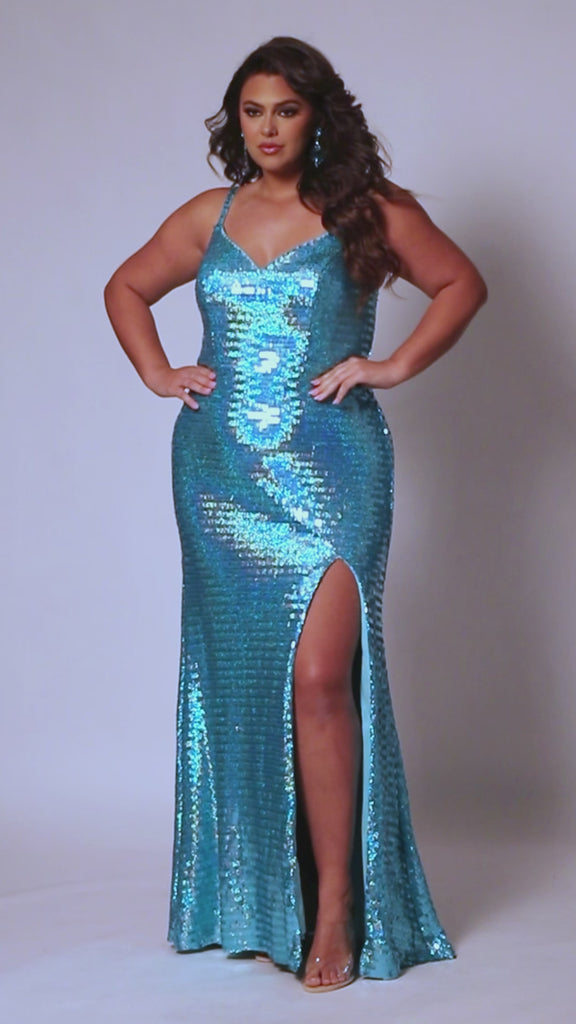 Tease Prom TE2444 Turquoise. Fitted silhouette, Iridescent piano sequins, Spaghetti straps, V-neckline, V-back, Long invisible center back zipper, Natural waistline, Fitted skirt with slit, Sweep train.