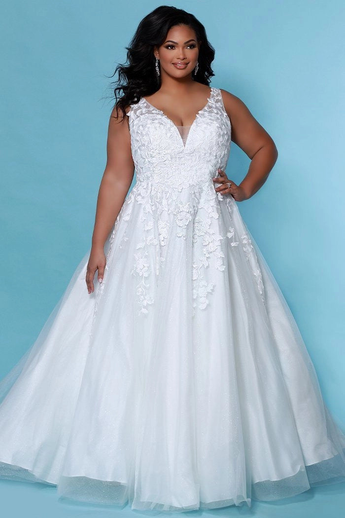 SC5259 Jasmine Wedding Dress by Sydney's Closet, Aline plus size wedding dress with shimmer tulle and straps, zipper back and floral embroidered lace, available in Ivory