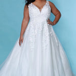 SC5259 Jasmine Wedding Dress by Sydney's Closet, Aline plus size wedding dress with shimmer tulle and straps, zipper back and floral embroidered lace, available in Ivory