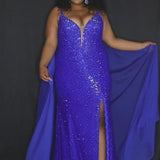 JK2201 Johnathna Kayne for Sydney's Closet plus size pageant gown with cape in blue, white, black