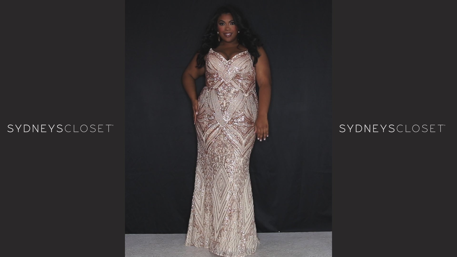 Sydney’s Closet SC7340 Rose Gold. Slim Silhouette, fitted Bodice and a slim skirt with Spaghetti Straps. Natural Waistline, V-neckline and Center-back Zipper. Rose gold sequins over stretch knit lining.
