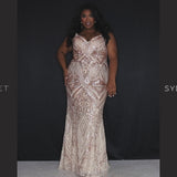 Sydney’s Closet SC7340 Rose Gold. Slim Silhouette, fitted Bodice and a slim skirt with Spaghetti Straps. Natural Waistline, V-neckline and Center-back Zipper. Rose gold sequins over stretch knit lining.