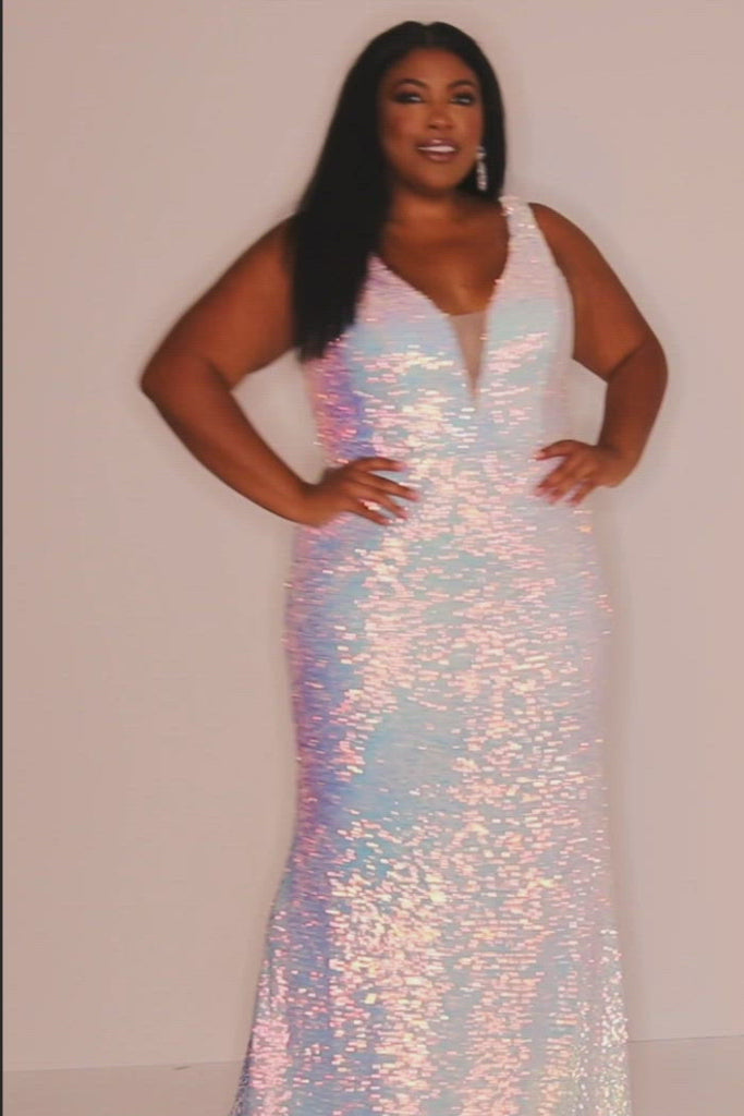 JK2109 Aurora Pageant Gown Johnathan Kayne for Sydney's Closet plus size pageant mermaid dress with zipper back with detachable scarves multi-color sequins available in Lava black and Pearlescent white