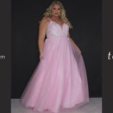 Tease Prom TE2315 pink, blue, purple. A-line silhouette, natural waistline  and V-neckline. Sparkle tulle and leaf lace appliques with sequins. Half inch straps covered in lace. Long invisible center back zipper and a detachable self belt. 