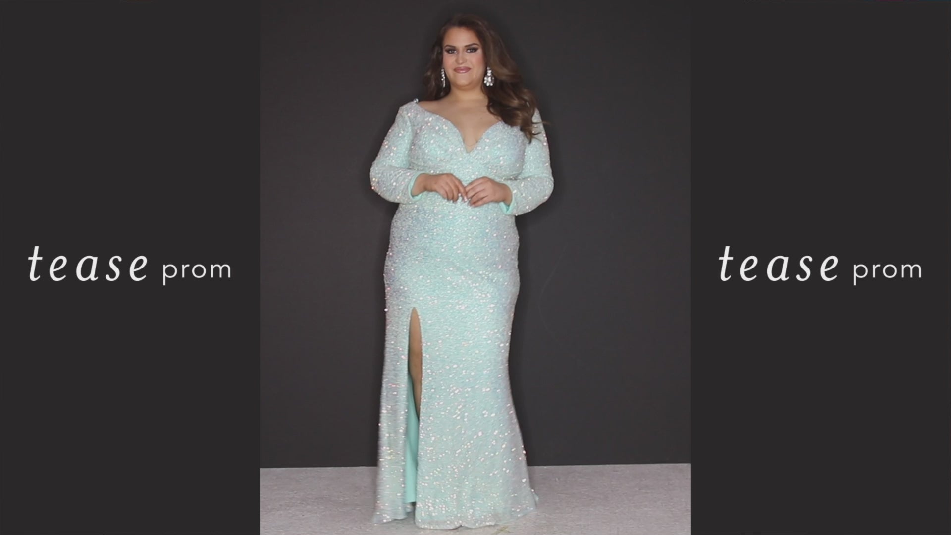 Tease Prom TE2308 Aqua, Unicorn and Peach. Fitted silhouette, V-neckline, a pleated bodice, empire waistline with a slit on right side of skirt. Includes a 5 inch sweep train and bra-friendly with long sleeves. an invisible zipper, scoop back and multi-dimensional sequins over a stretch knit lining.