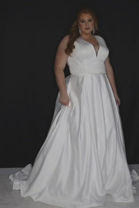 Sydney's Bridal by Sydney's Closet aline silhouette with v neckline and halter top bridal satin and light satin lining with center back zipper available in ivory Norma Jean Wedding Dress SC5279