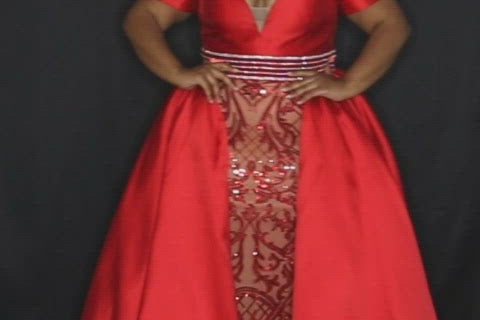 Johnathan Kayne for Sydney's Closet slim fitted silhouette with plunging sweetheart neckline and mikado hostess overskirt and off the shoulder cuff available in powder blue and scarlet Avalon Pageant Gown JK2213