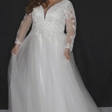  Sydney's Bridal by Sydney's Closet aline bridal gown with v neckline and long sleeves and lace up back available in ivory SC5271