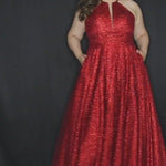Sydney's Prom by Sydney's Closet aline prom dress with halter top v neckline lace up back soft tulle with glitter tulle available in admiral evergreen and firecracker