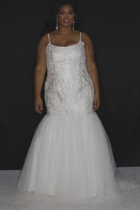 Sydney's Bridal by Sydney's Closet mermaid scoop neckline with glitter tulle spaghetti straps center back zipper available in ivory SC5278 plus size wedding dress
