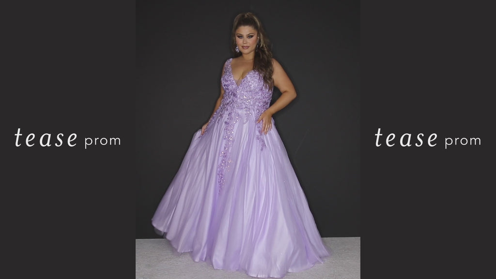 Tease Prom TE2313 Light purple, pink, blue and mocha. A-line silhouette, V-neckline,  tulle with cascading floral embroidered lace with a natural waistline. Wide lace straps and a center back zipper. Partially lined with satin 
