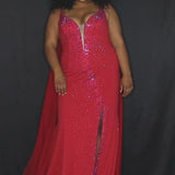 Johnathan Kayne for Sydney's Closet princess line slim silhouette with deep v neckline all over ab hotfix stones and center back zipper available in deep red, hot coral and white ice Maverick Pageant Gown JK2218