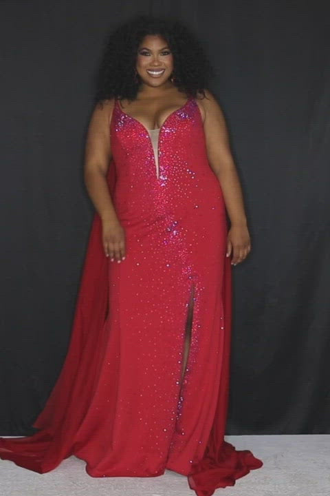 Johnathan Kayne for Sydney's Closet princess line slim silhouette with deep v neckline all over ab hotfix stones and center back zipper available in deep red, hot coral and white ice Maverick Pageant Gown JK2218
