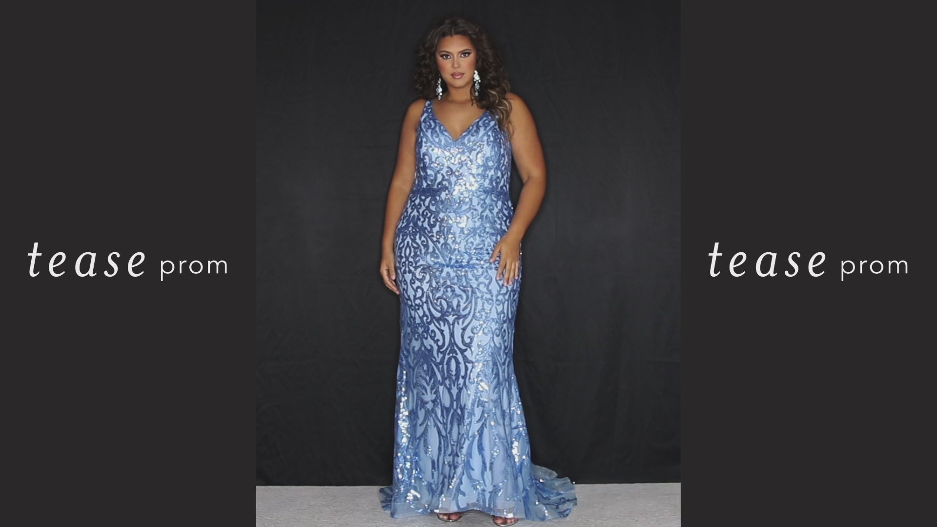 Tease Prom TE2303 Bluejay, Gold, Teal and magenta Plus Size fitted dress with all over sequins,  V-neck, and thick bra-friendly straps