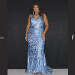 Tease Prom TE2303 Bluejay, Gold, Teal and magenta Plus Size fitted dress with all over sequins,  V-neck, and thick bra-friendly straps