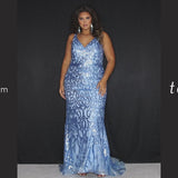 Tease Prom TE2303 Bluejay, Gold, Teal and magenta Plus Size fitted dress with all over sequins,  V-neck, and thick bra-friendly straps