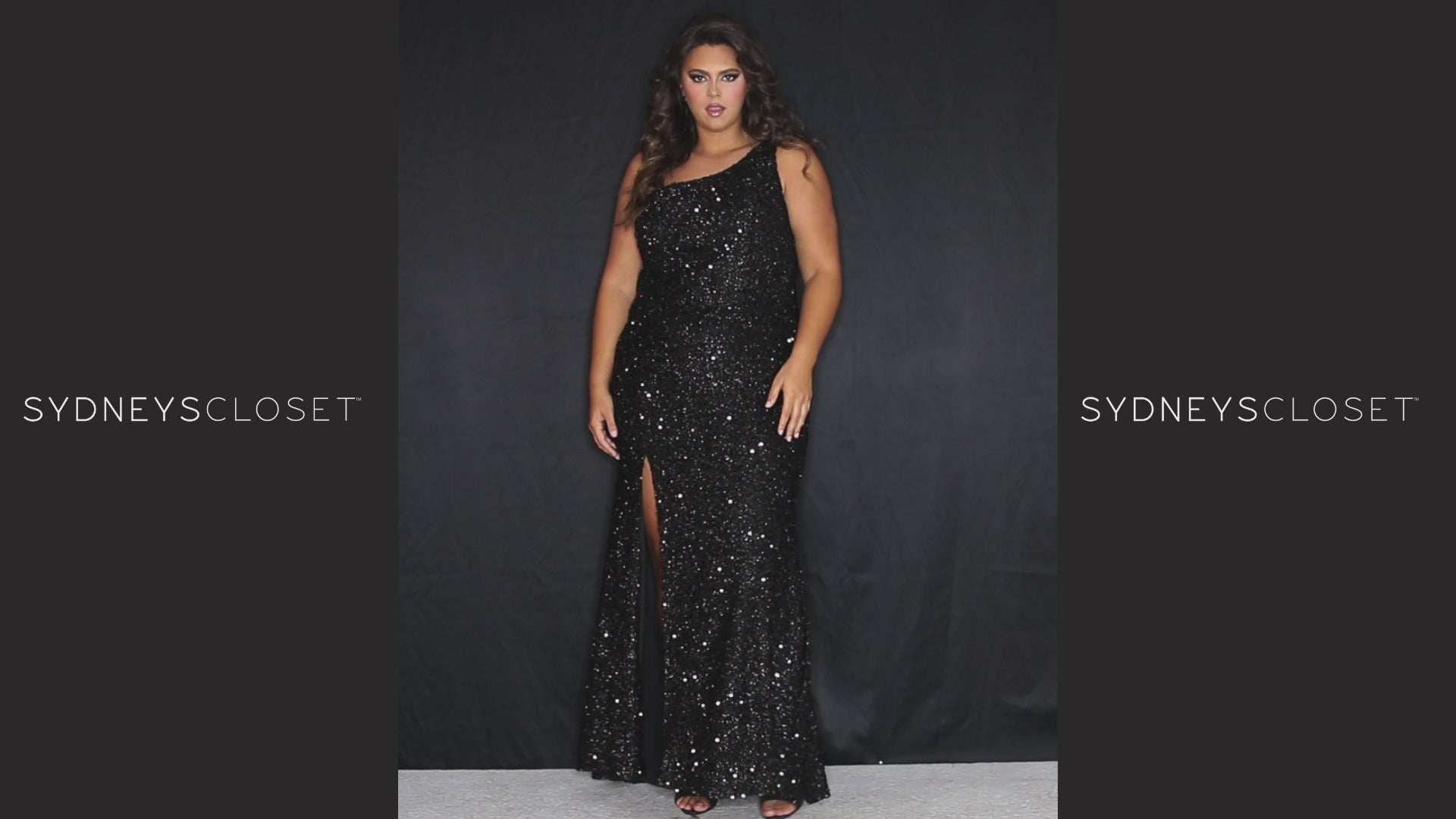 SC7360 one-shoulder plus size prom and evening gown with slit from Sydney's Closet available in red, black, sapphire blue or purple
