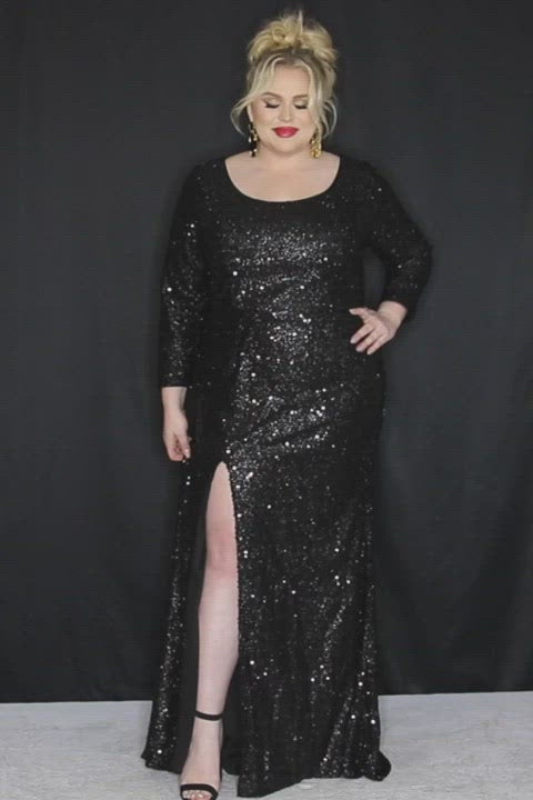  Sydney's Prom by Sydney's Closet fitted silhouette with scoop neckline long sleeves with zipper back and sequin fabric available in pearlescent, ruby, onyx and sapphire SC7320