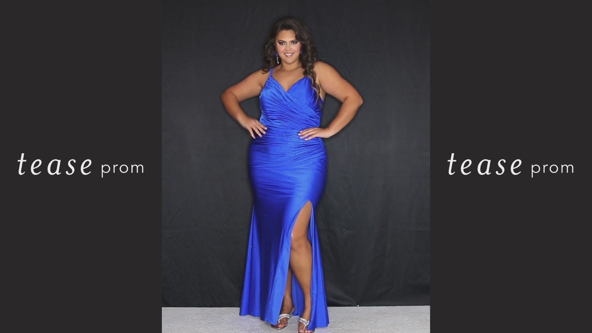 Tease Prom TE2319 Berry pink and royal blue. Slim/ fitted silhouette with a Slim/fitted skirt. V-neckline and double straps. Stretch lycra with hot fix stones. High slit, ruched front and back bodice, sweep train and a center back zipper. 