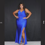 Tease Prom TE2319 Berry pink and royal blue. Slim/ fitted silhouette with a Slim/fitted skirt. V-neckline and double straps. Stretch lycra with hot fix stones. High slit, ruched front and back bodice, sweep train and a center back zipper. 