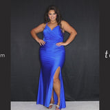 Tease Prom TE2319 Berry pink and royal blue. Slim/ fitted silhouette with a Slim/fitted skirt. V-neckline and double straps. Stretch lycra with hot fix stones. High slit, ruched front and back bodice, sweep train and a center back zipper. 